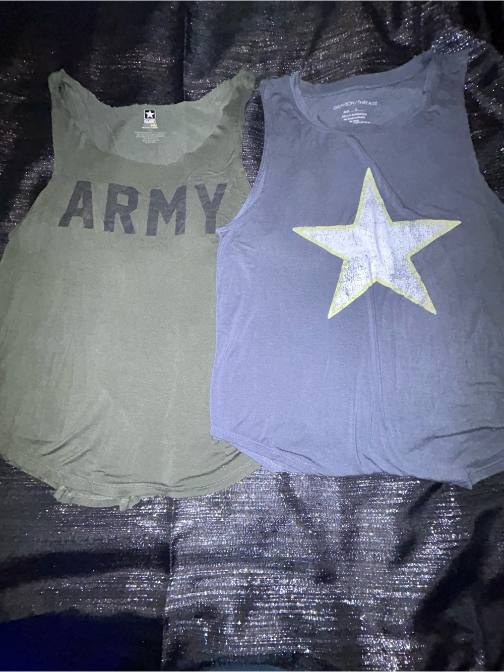 Ladies 2pc Tanks Army Graphic in Olive and Star in Grey